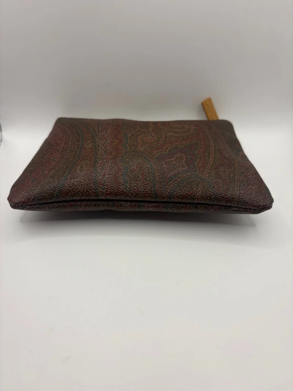 Etro Dark Brown Paisley Leather Zip Cosmetic Pouch with Tan Patch 6 34/“ X 5”